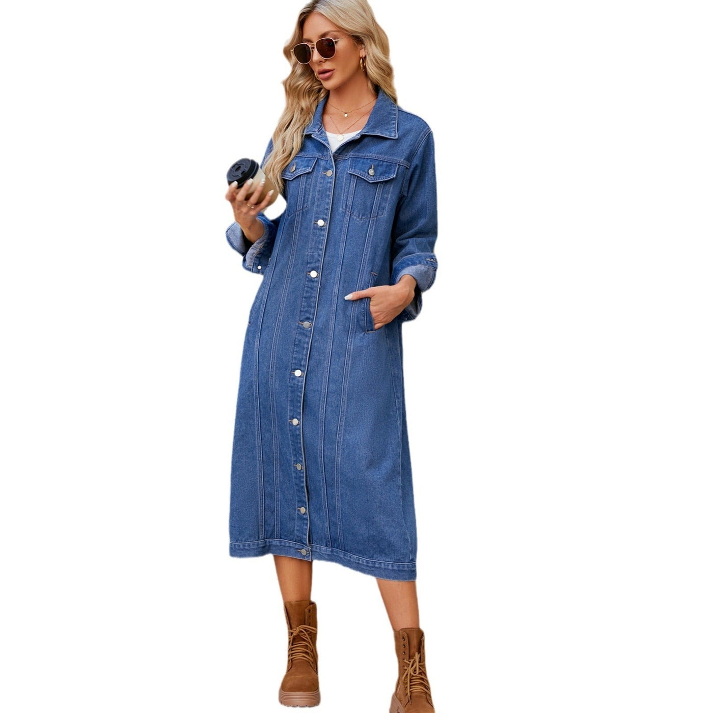 Langer Denim-Mantel | Knopfverschluss | Lässiger Stil