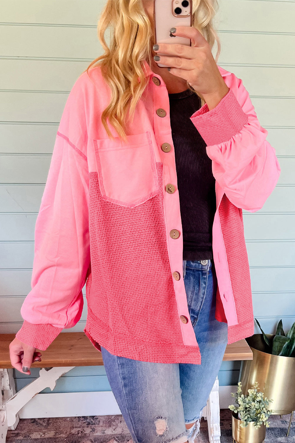 Oversized Hemdjacke mit Strukturmix | Lässiger Schnitt | Modern & Vielseitig