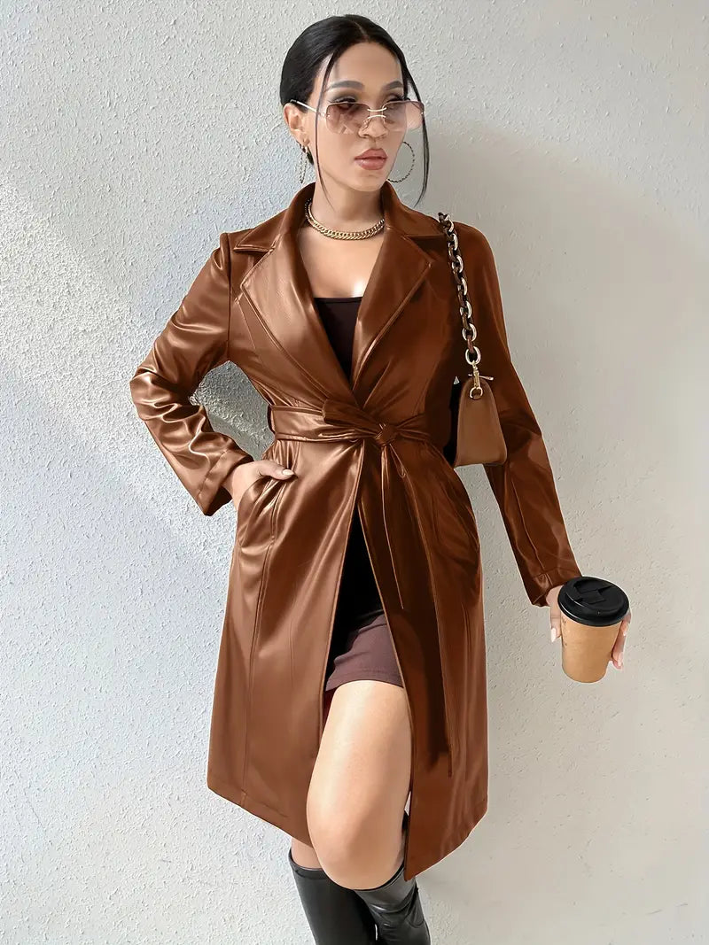 Avelena | Urban Luxe Solid Revers Jacke Longline Vorne Offen Lässig