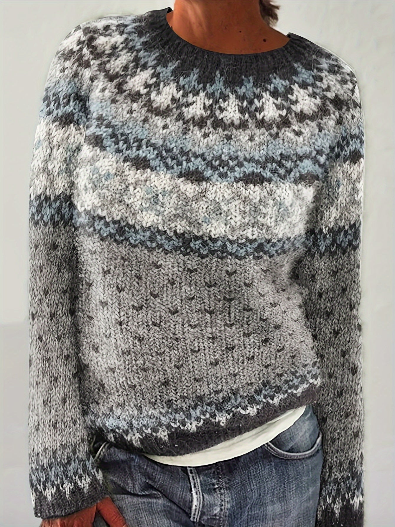 Norweger Grobstrickpullover | Langarm mit Retro Geometrischem Muster