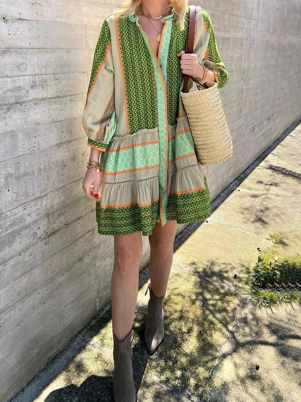 Avelena | Minikleid mit Dreiviertelärmeln und Ethno-Print