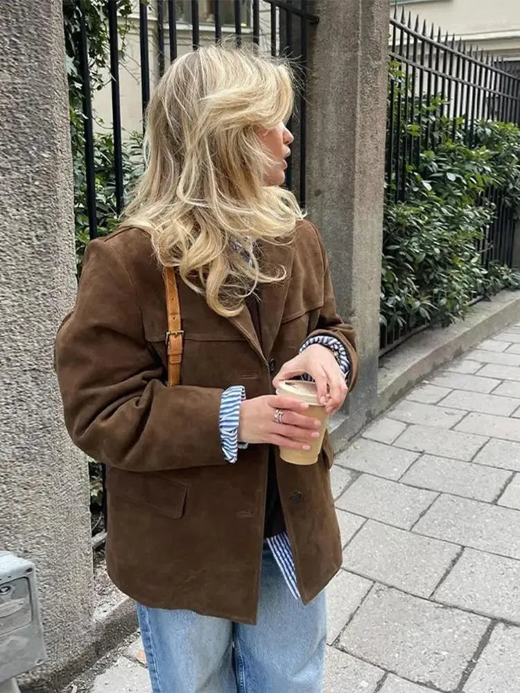 Avelena | Damen Vintage Jacke aus Braunem Wildleder und Baumwolle