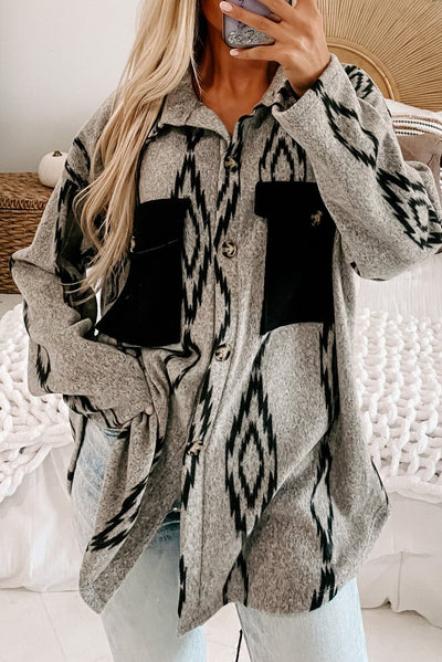 Oversized Hemdjacke mit Ethno-Muster | Weiche Textur | Boho-Stil