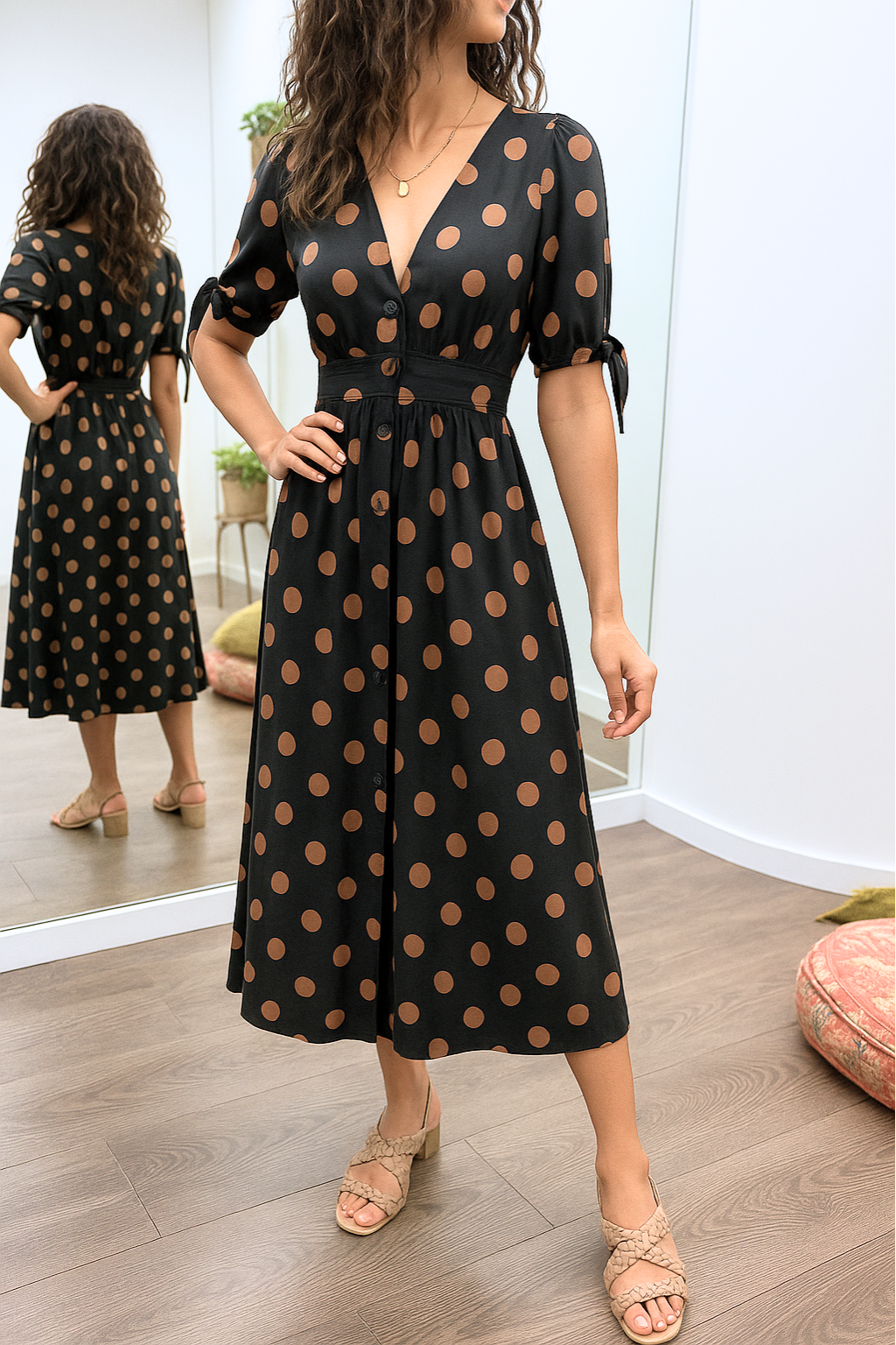 Aleksandra - Elegant Polka Dot Dress with V-neck
