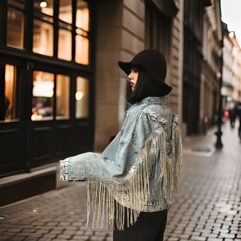 Avelena | Fransen-Denim-Jacke Frauen Kurzes Lockeres Top