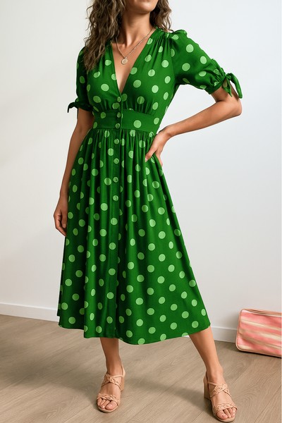 Aleksandra - Elegant Polka Dot Dress with V-neck