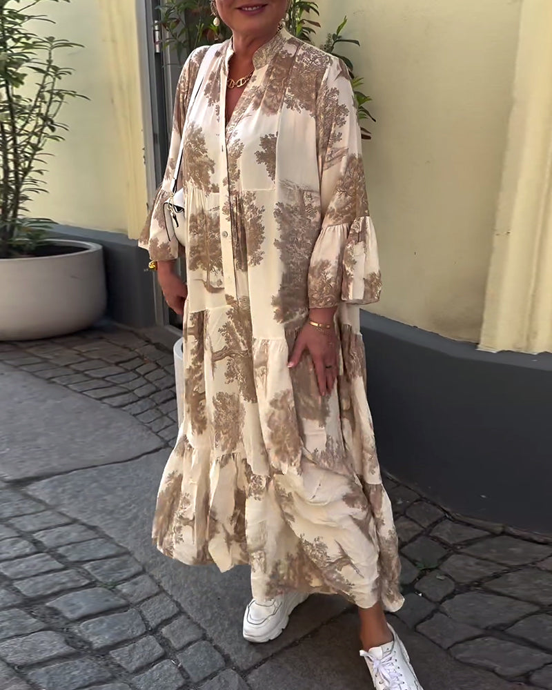 Maxikleid mit Print, Volantärmeln & Stehkragen – Stilvoll & Luftig
