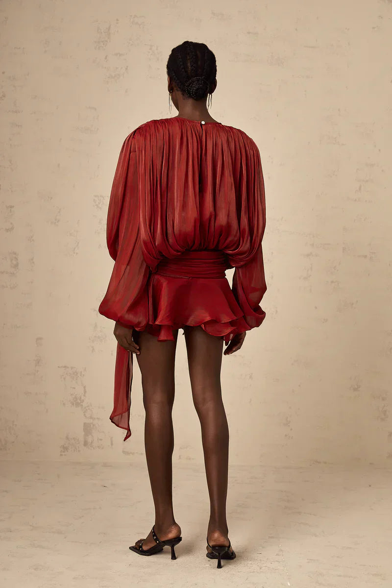 Plissiertes Minikleid mit langen Ärmeln und Bindekragen für Damen