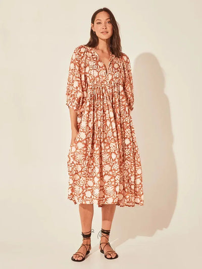 Boho Midi-Kleid | Lockerer Schnitt | Verspieltes Muster