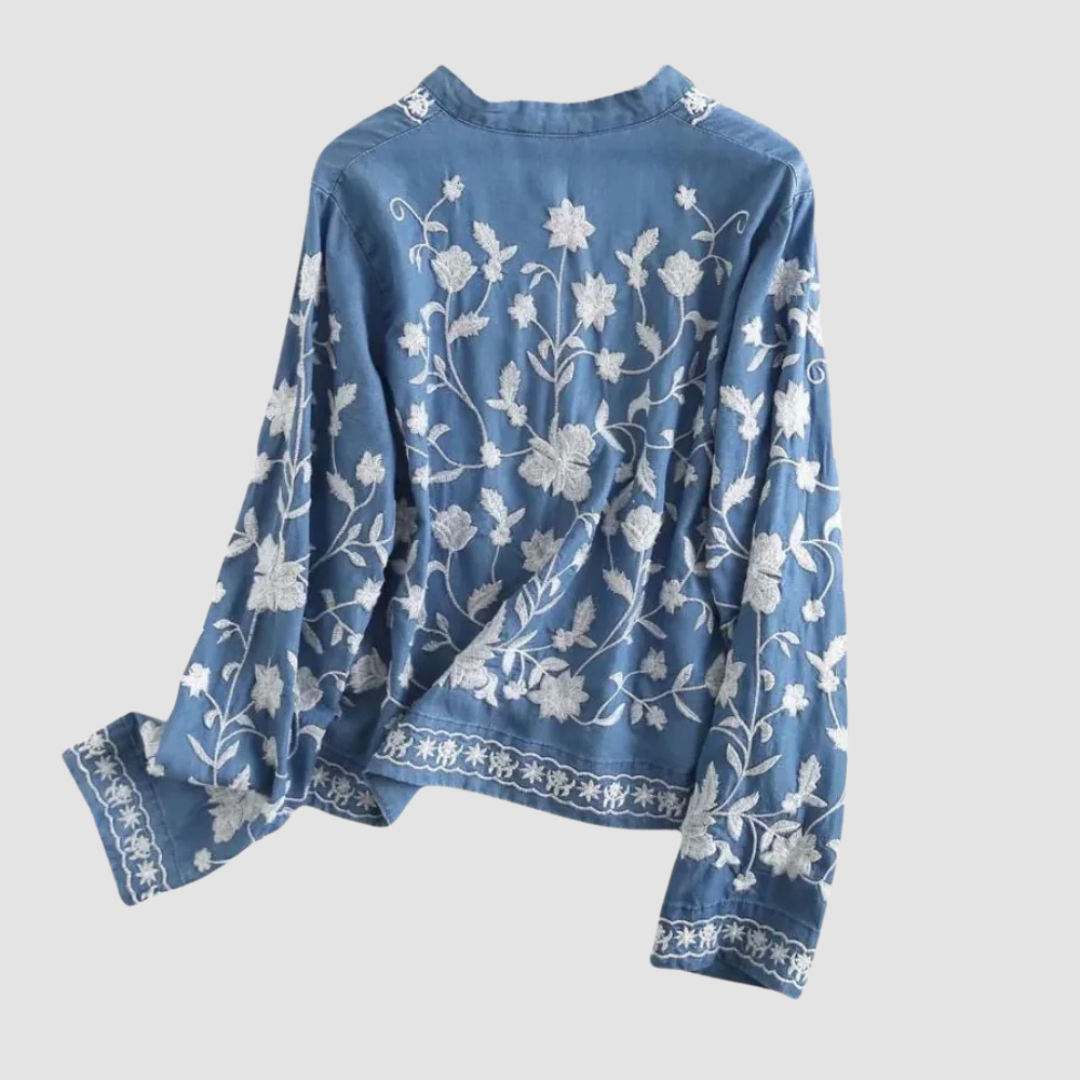 Bohemian Damen Strickjacke mit eleganter Blumenstickerei - Vaenithea