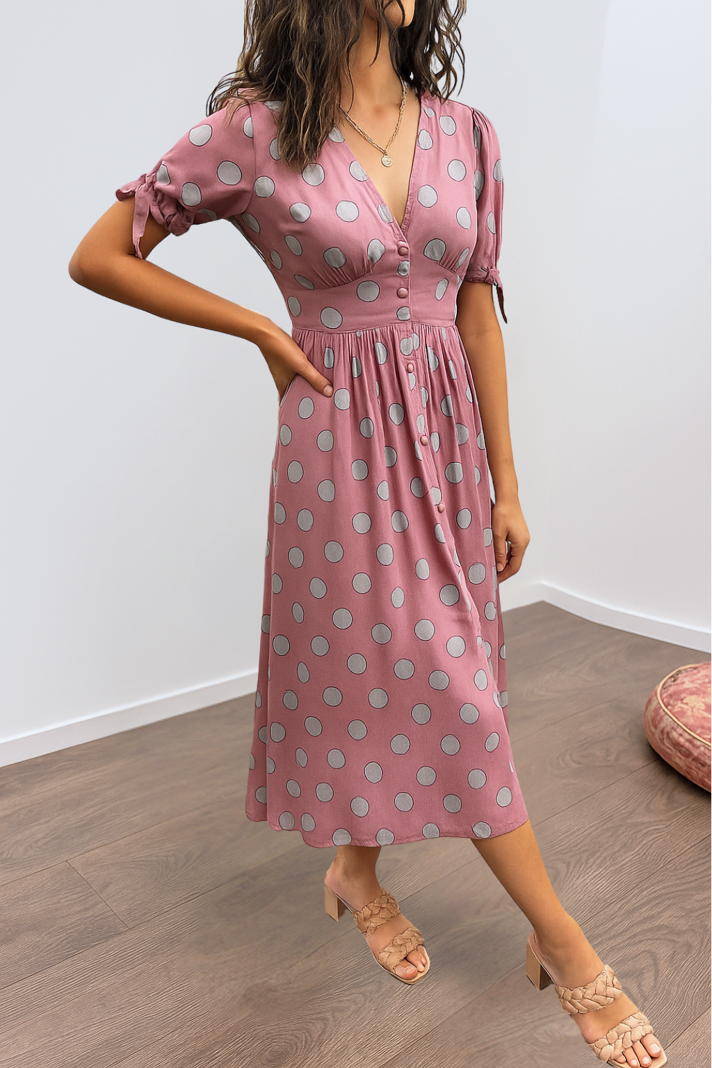 Aleksandra - Elegant Polka Dot Dress with V-neck