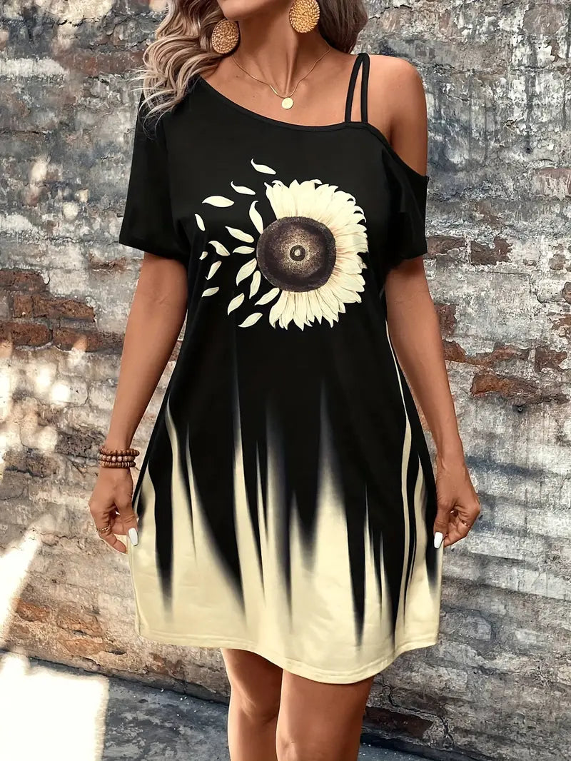 Lorianna – Bezauberndes Kleid mit Sonnenblumen-Grafik und schulterfreien Schultern