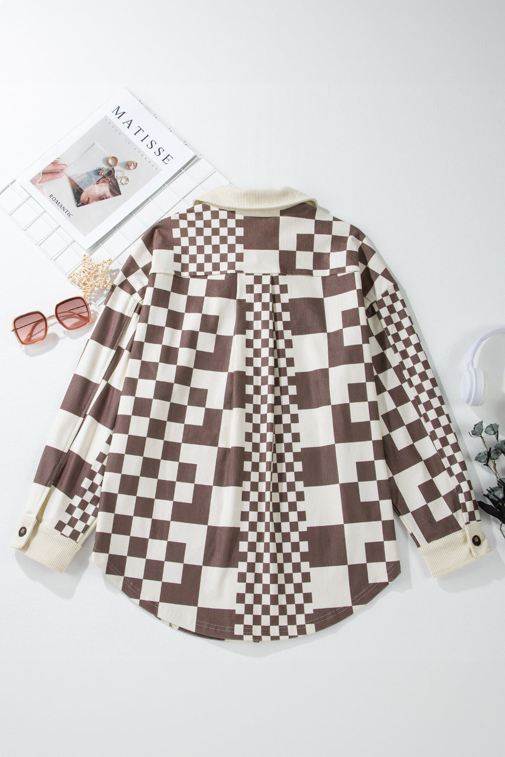 Karierte Oversized-Hemdjacke | Cord-Textur | Retro-Chic