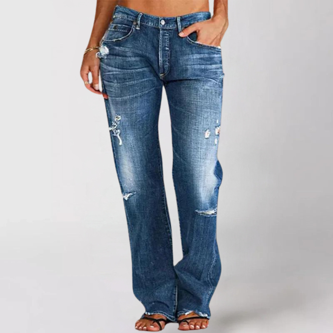 Denim-Jeans für Damen mit weitem Bein und tiefer Taille - Caelithia