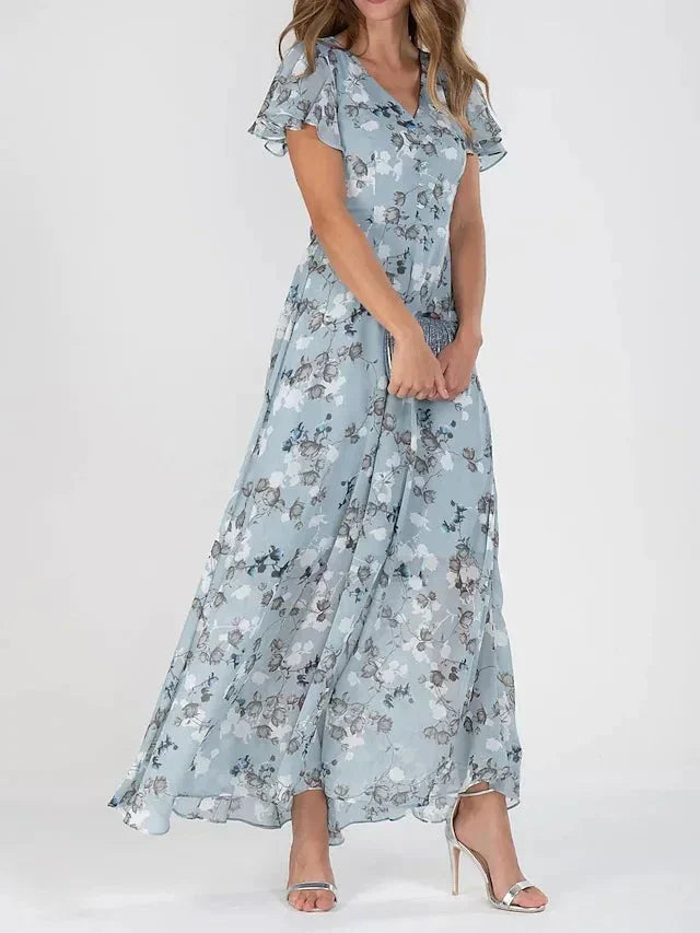 Romantisches Maxikleid mit Blumenprint – Rosa Chiffon, V-Ausschnitt & Schmetterlingsärmel