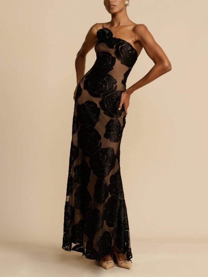 Avelena | Schwarzes Blumenkleid Maxi