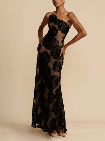 Avelena | Schwarzes Blumenkleid Maxi
