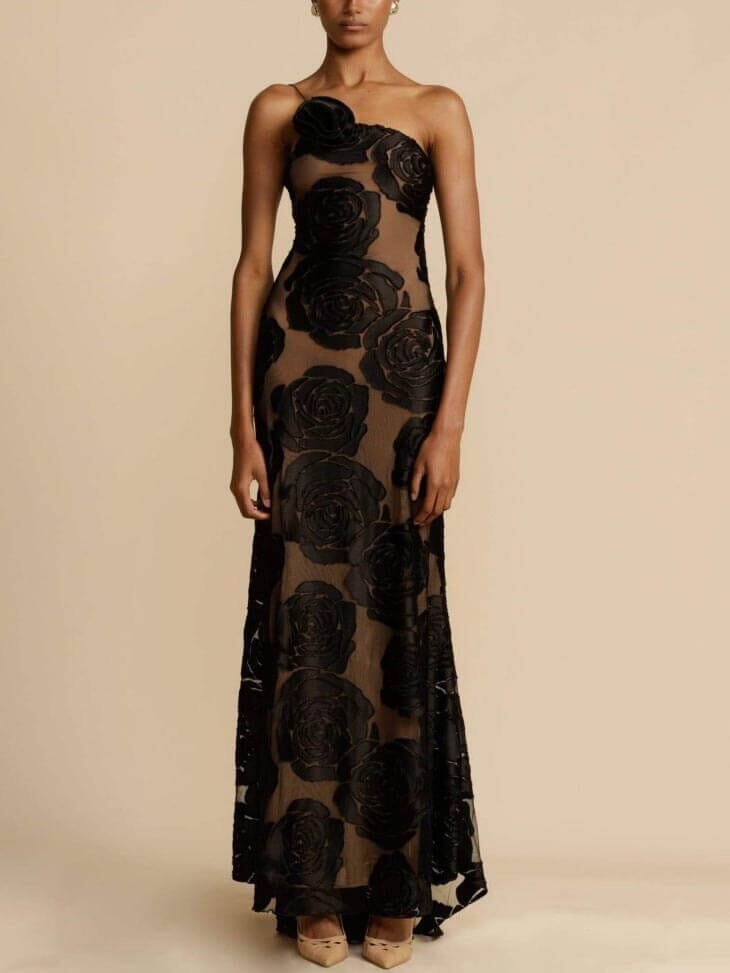 Avelena | Schwarzes Blumenkleid Maxi