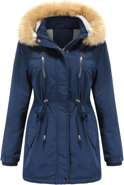 Lovi - langer mantel mit kunstpelzkapuze und fleecefutter