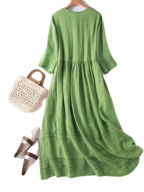 Literarisches retro-kleid für frauen, v-ausschnitt, einfarbig, mittelgroße armel