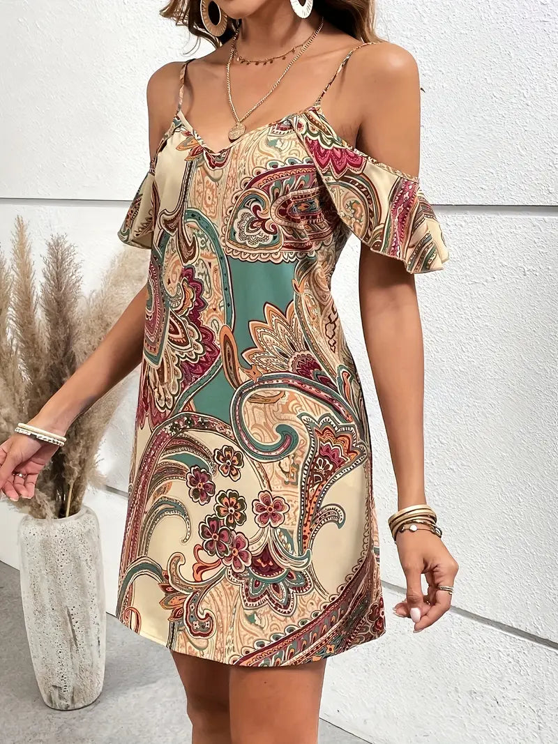 Sylvessa – Bohemian Paisley-Kleid mit schulterfreien Schultern