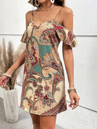 Sylvessa – Bohemian Paisley-Kleid mit schulterfreien Schultern