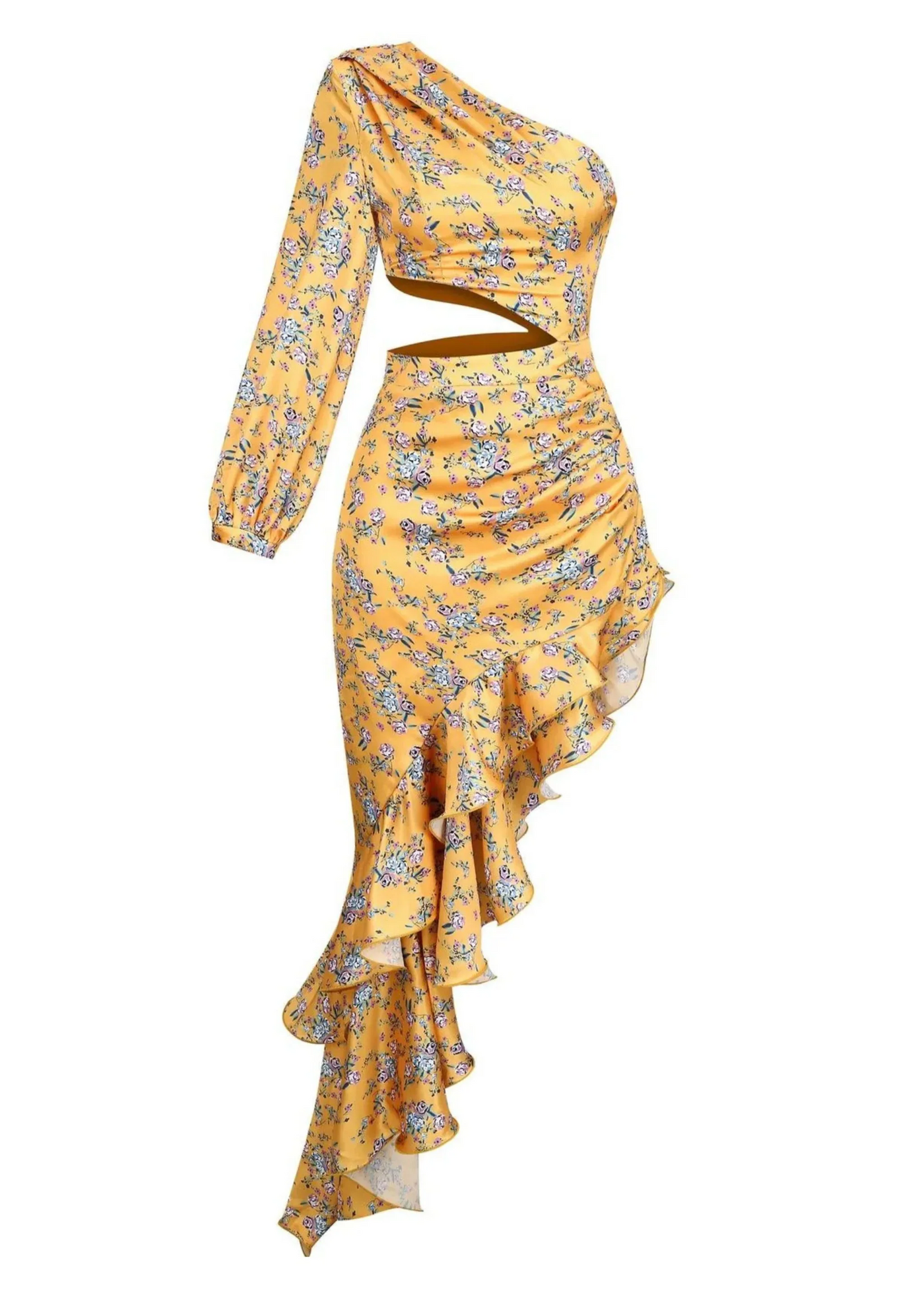 Asymmetrisches Maxikleid | Florales Muster & Rüschen | Elegante Leichtigkeit