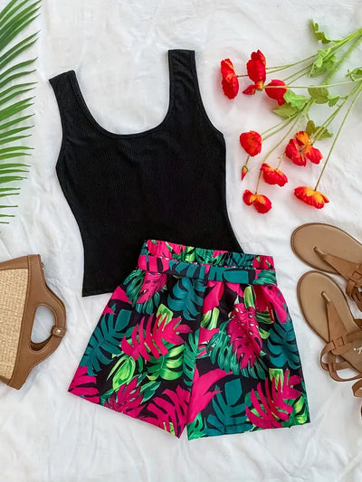 Elkie – Set aus geripptem Baumwoll-Tanktop und bedruckten Shorts