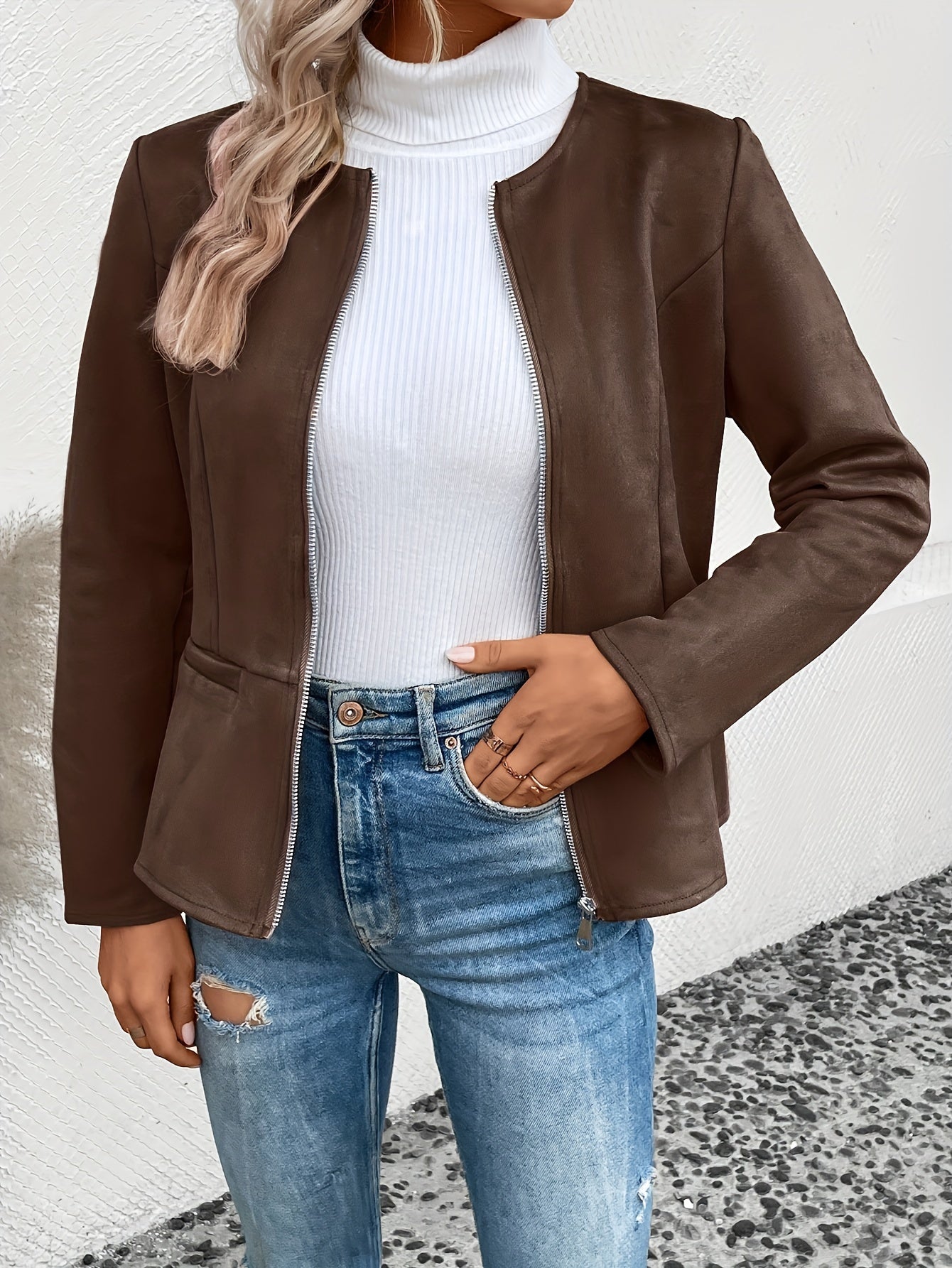 Avelena | Braune Langarm Zip-Up Jacke