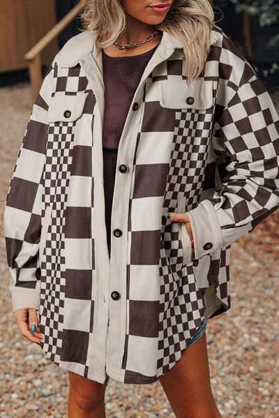Karierte Oversized-Hemdjacke | Cord-Textur | Retro-Chic