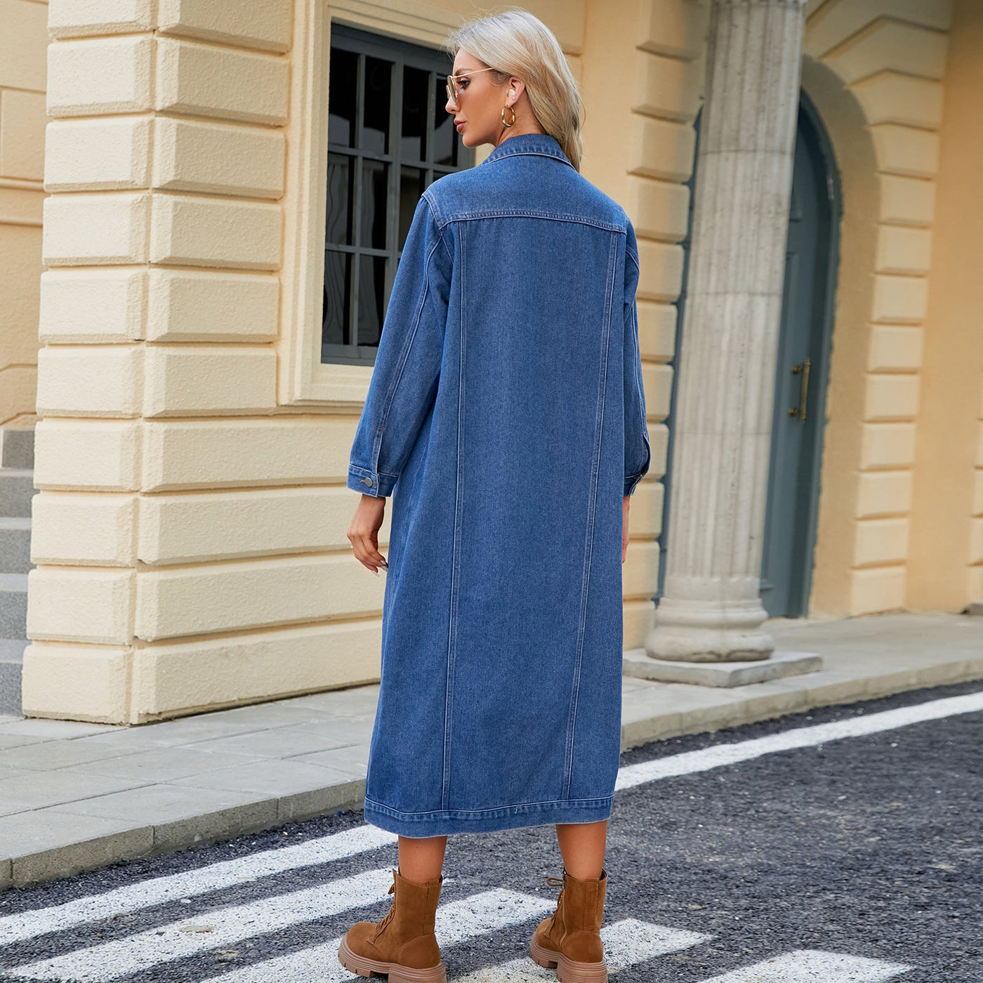 Langer Denim-Mantel | Knopfverschluss | Lässiger Stil