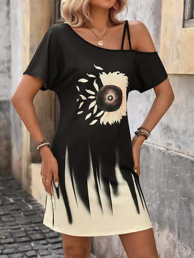 Lorianna – Bezauberndes Kleid mit Sonnenblumen-Grafik und schulterfreien Schultern
