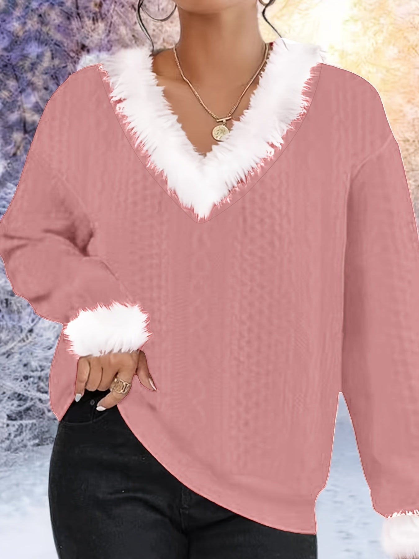 Avelena | Weihnachtlicher Pullover mit Kunstpelzbesatz