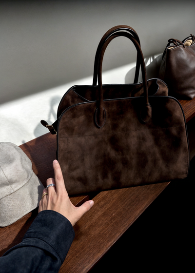 Große Wildleder Handtasche Damen – Umhängetasche Echtleder mit Reißverschluss