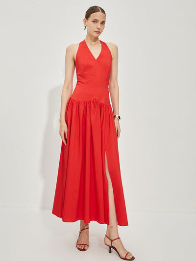 Avelena | Geschlitztes Neckholder-Kleid mit V-Ausschnitt