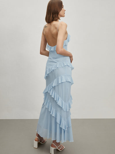 Avelena | Langes Kleid mit Spaghettiträgern und Volants