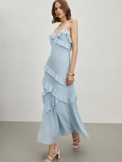 Avelena | Langes Kleid mit Spaghettiträgern und Volants