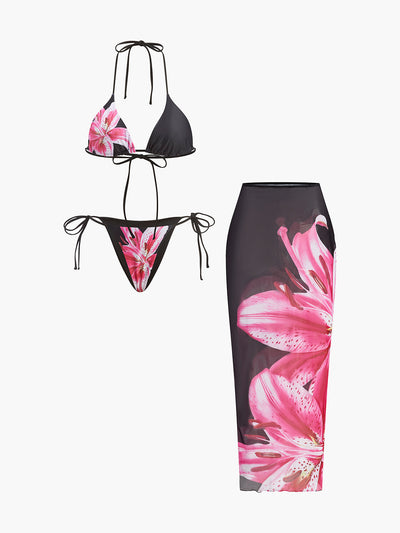 3-teiliges Blumen-Bikini-Set mit Mesh-Rock – Modische Bademode