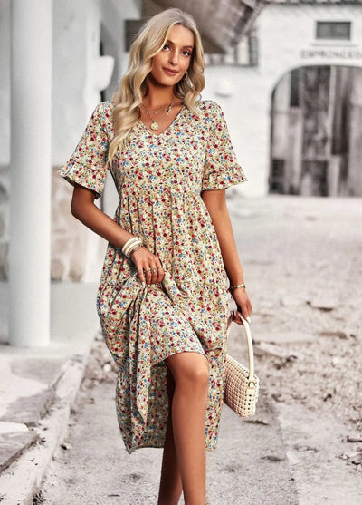 Veloura – Vintage-Kleid mit V-Ausschnitt und Blumenmuster