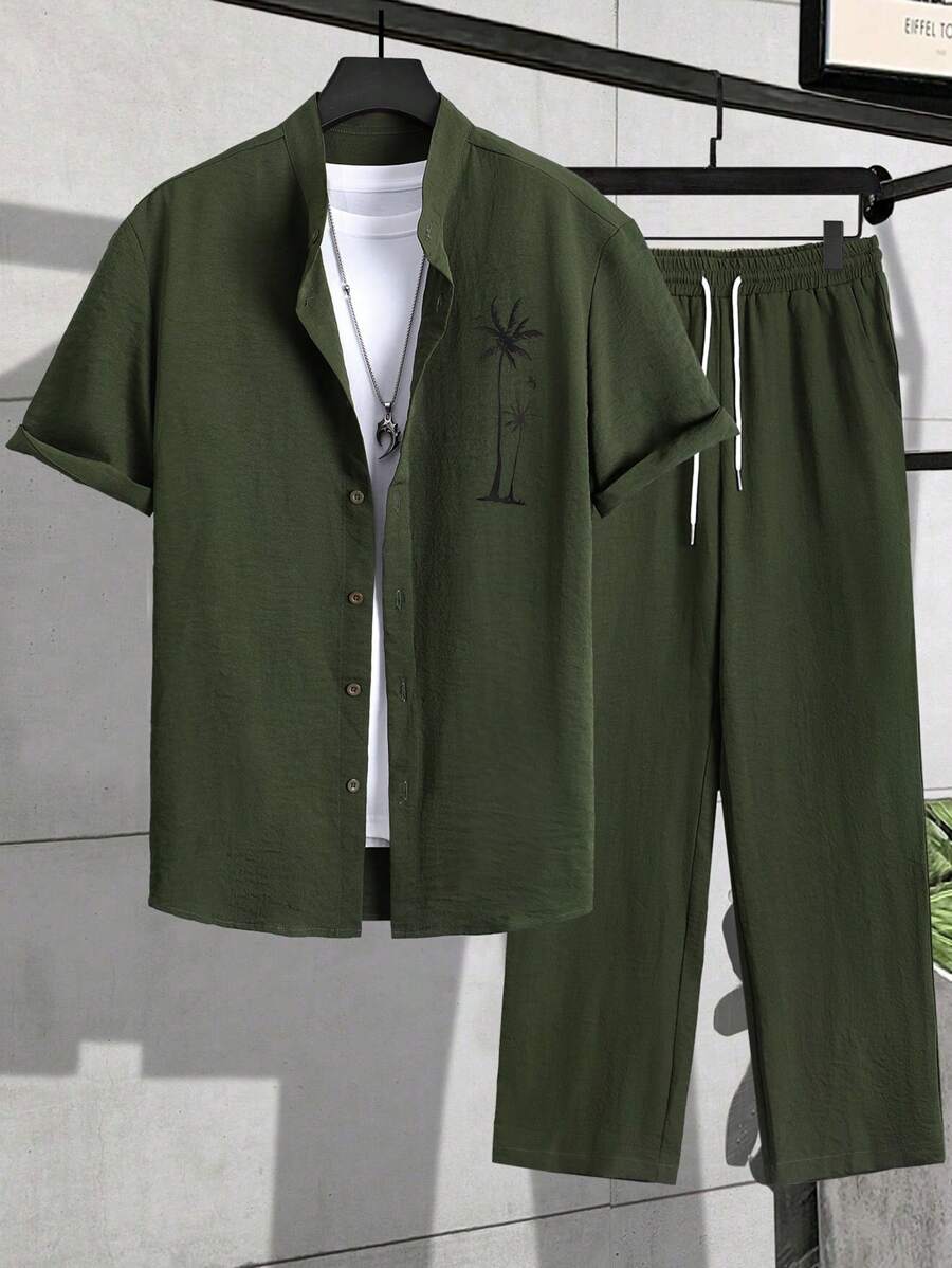 Herren Resort-Set mit Palmen-Stickerei | Hemd & Lange Hose