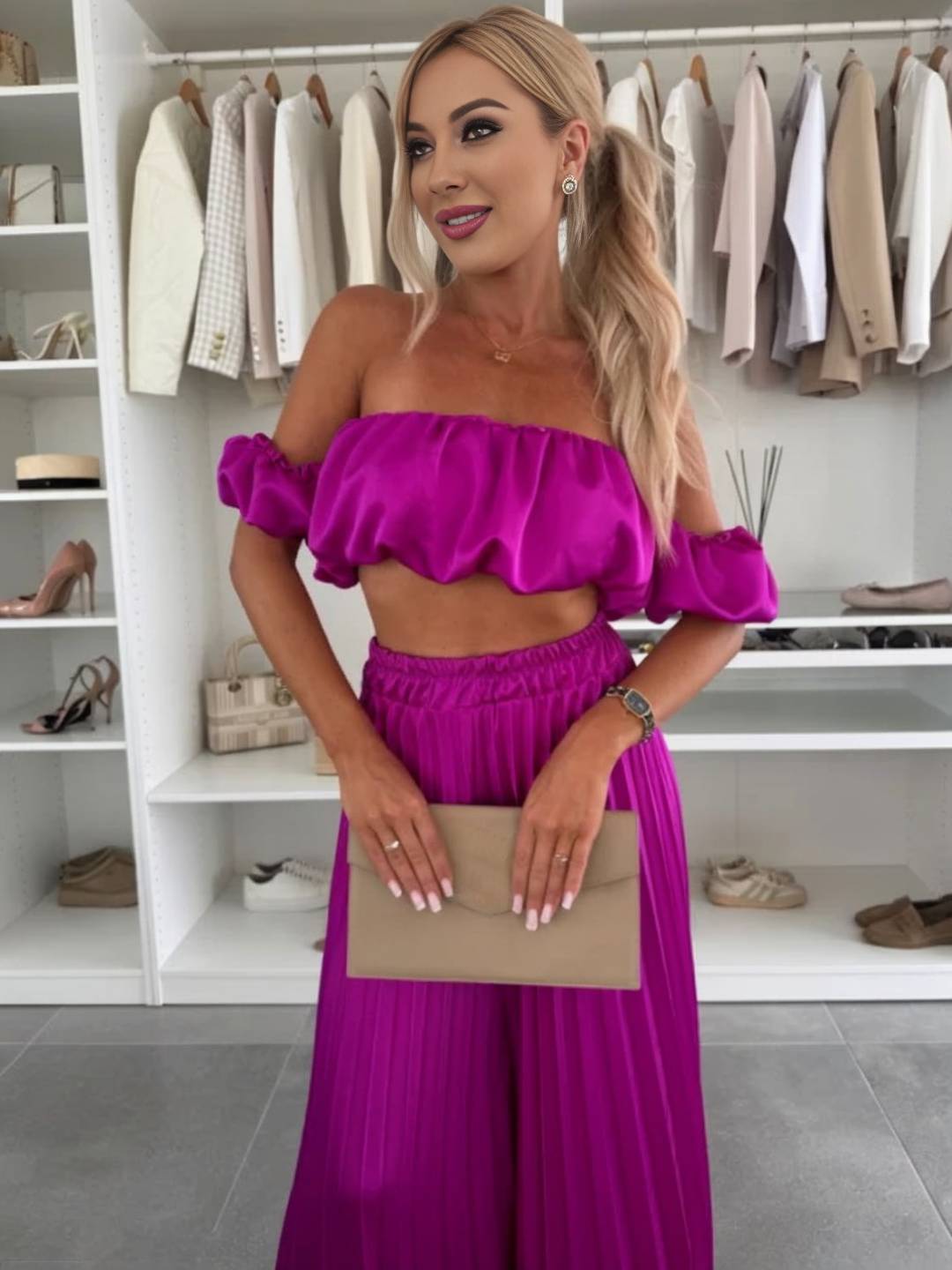 Araceli | Zweiteiliges Set mit Plisseehose und schulterfreiem Oberteil