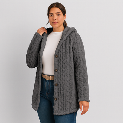 Marlena | Damen Knopf-Front Teddy Hoodie Mantel für Herbst & Winter
