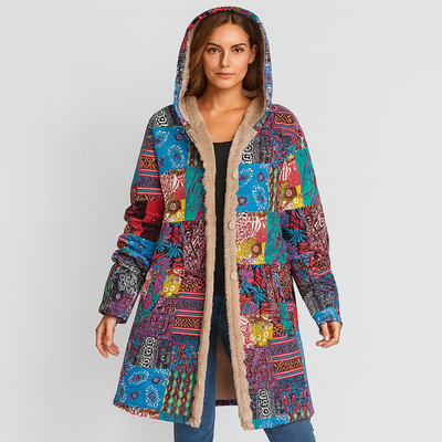 Selene | Bohemian Patchwork Wintermantel mit Kapuze