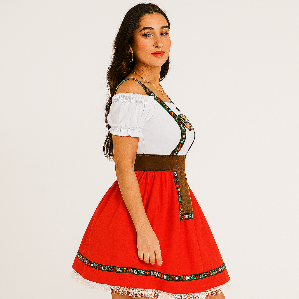 Damen Dirndl Oktoberfest – Schulterfreies Kleid mit Rüschenärmeln & Gold-Akzenten