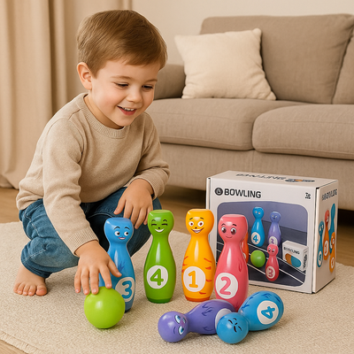 Cartoon-Bowling-Spielzeugset für Kinder – Indoor-/Outdoor-Spiel mit bunten Kegeln und Bällen