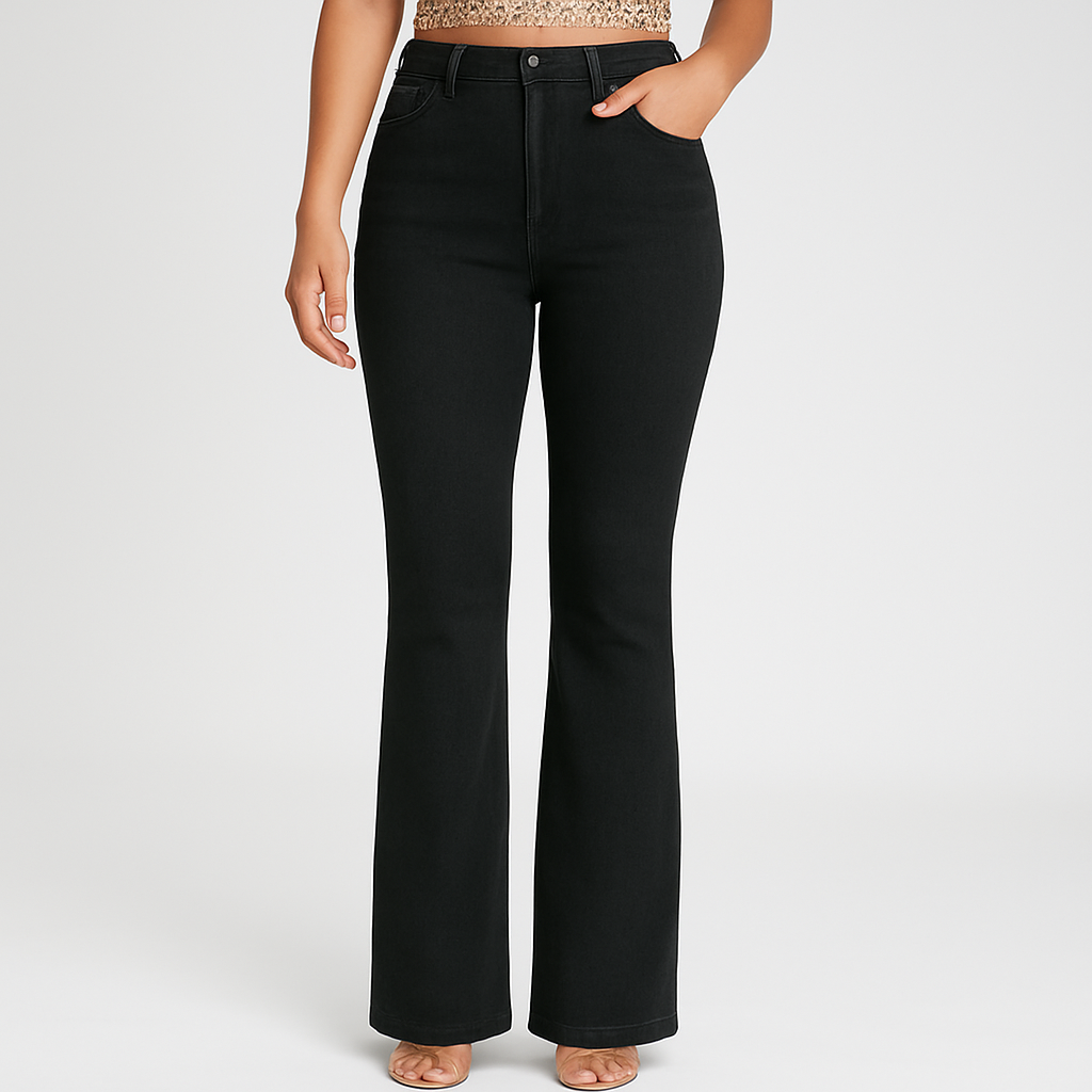 Bella – Elegante schwarze Schlagjeans für Damen – Hochelastisch mit hohem Bund