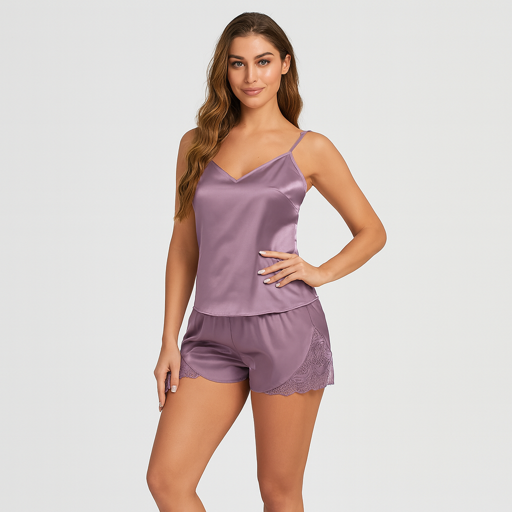 Stilvolles Satin-Pyjama-Set für Damen – mit elegantem Spitzenbesatz in Kontrastfarbe