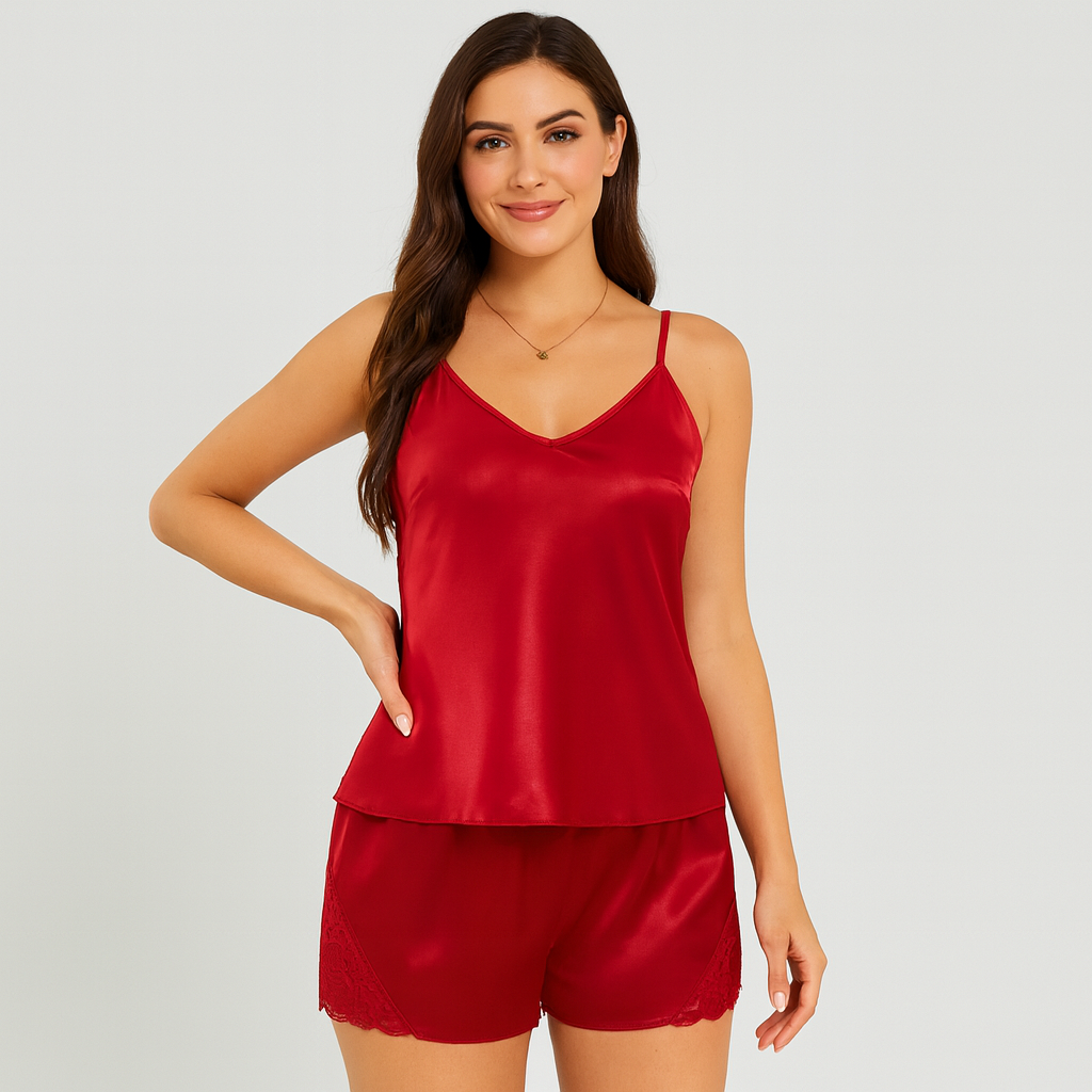 Stilvolles Satin-Pyjama-Set für Damen – mit elegantem Spitzenbesatz in Kontrastfarbe