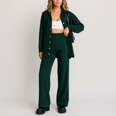 Zweiteiliges Rippstrick-Set – Hemdjacke mit Knöpfen & Hose mit weitem Bein