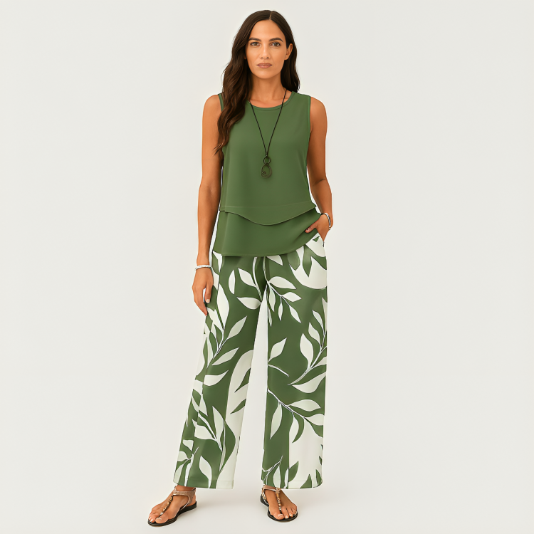 Lässiges 2-teiliges Damen-Set – Einfarbiges ärmelloses Oberteil und geblümte Hose mit weitem Bein